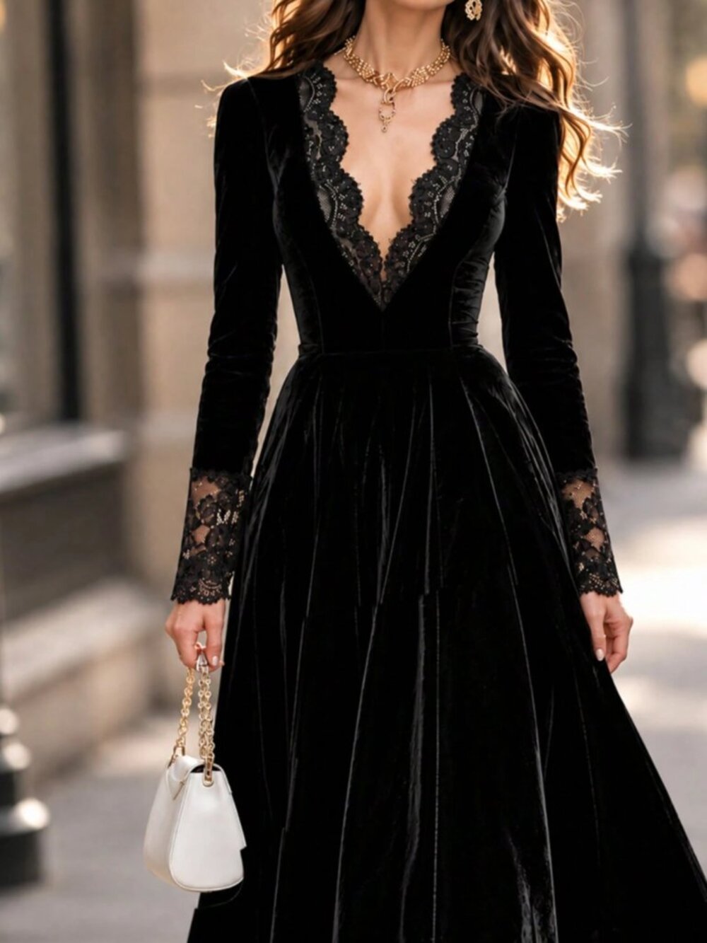 Black Velvet Midi Dress – Plunging Scalloped Lace V-Neck Long Sleeve - Picture 4 of 6